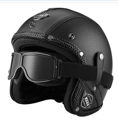 MotoClassic Retro Scooter Helmet with Sun Visor and Leather Finish for Stylish Riding
