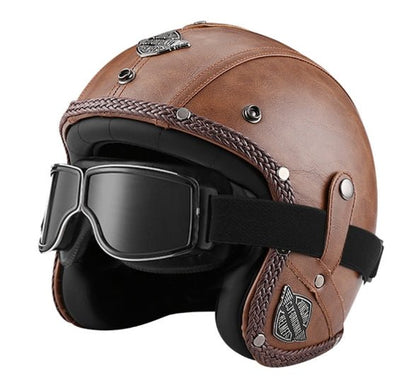 MotoClassic Retro Scooter Helmet with Sun Visor and Leather Finish for Stylish Riding