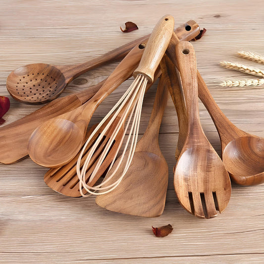Set di utensili da cucina in legno naturale, strumenti per cucinare, cucchiaio e spatola, 11 pezzi