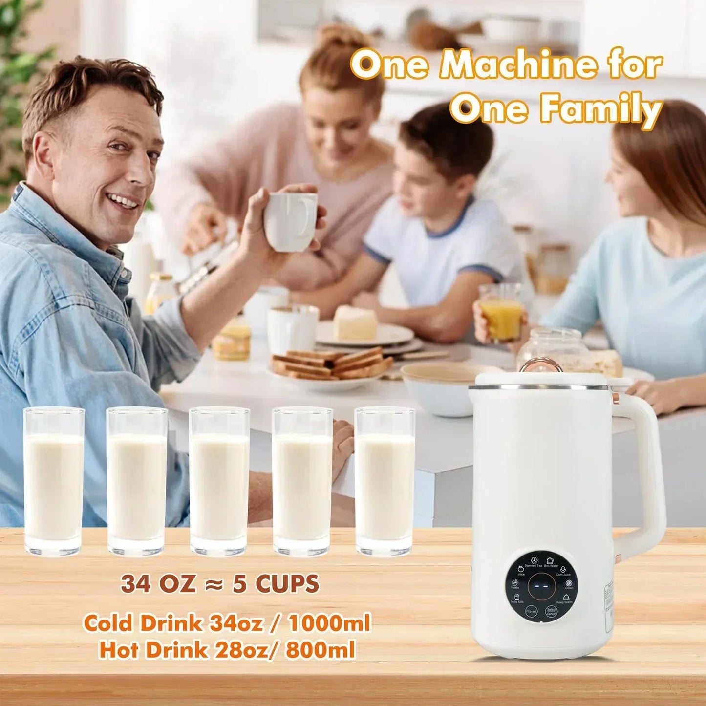 NutriBlend 8-in-1 Plant Milk Maker – 1000ml Automatic Dairy-Free Drink Machine
