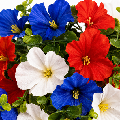 Patriotic Hanging Flower Basket Decor with Red White Blue Silk Blooms and LED Lights