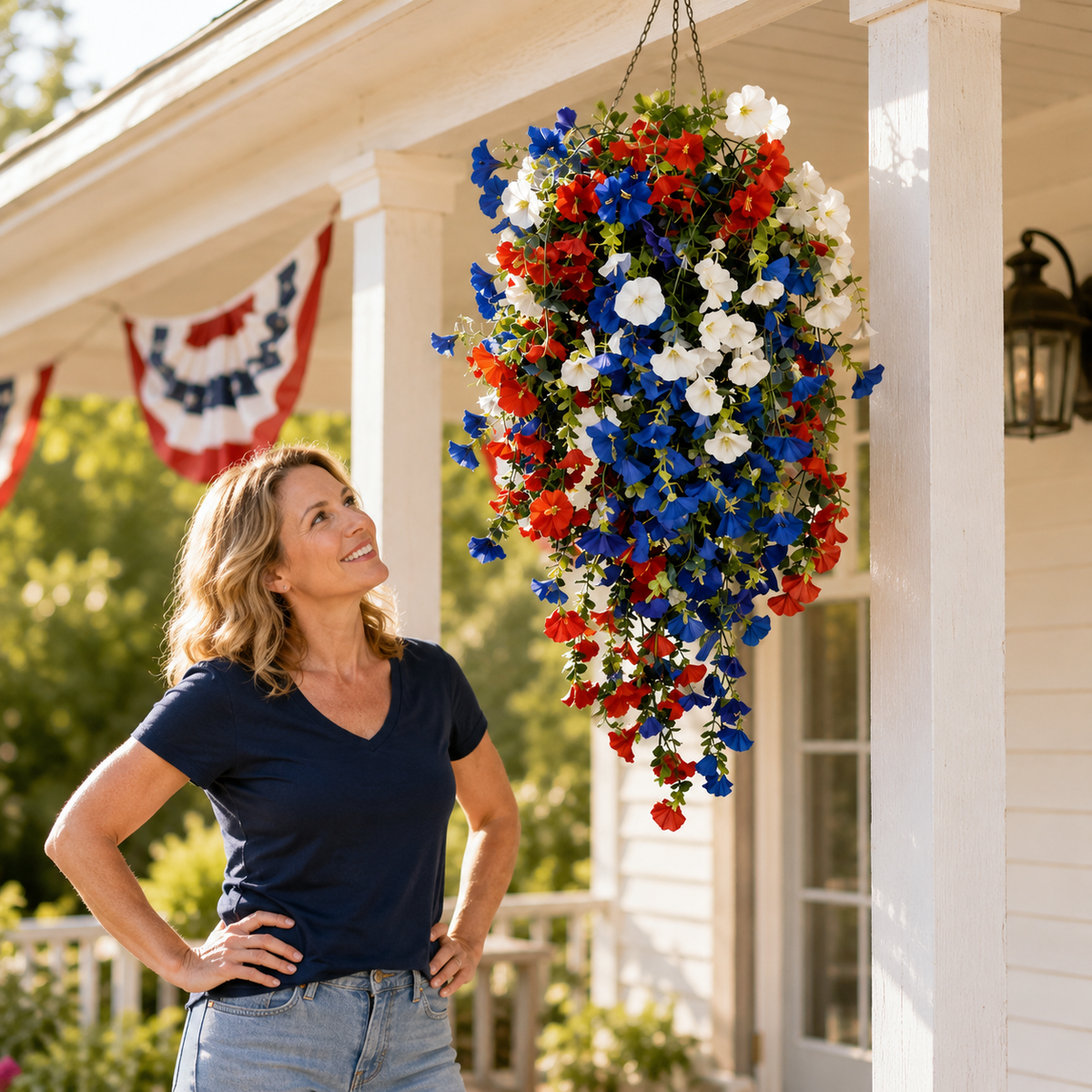 Patriotic Hanging Flower Basket Decor with Red White Blue Silk Blooms and LED Lights