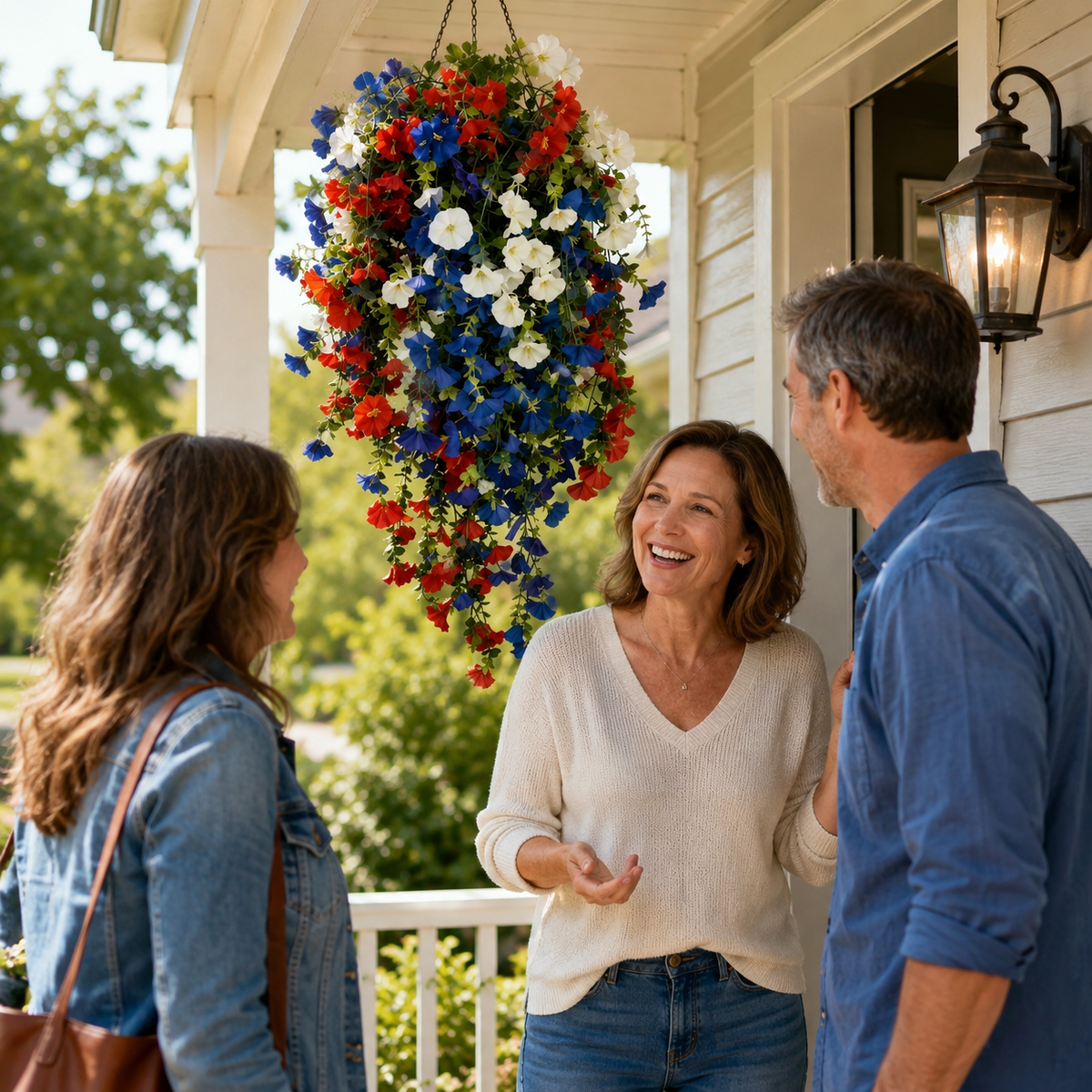 Patriotic Hanging Flower Basket Decor with Red White Blue Silk Blooms and LED Lights