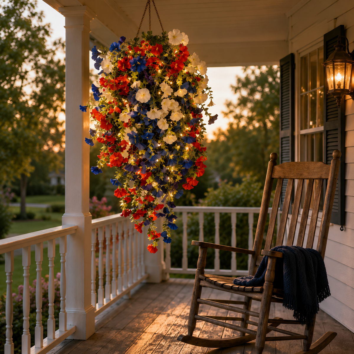 Patriotic Hanging Flower Basket Decor with Red White Blue Silk Blooms and LED Lights