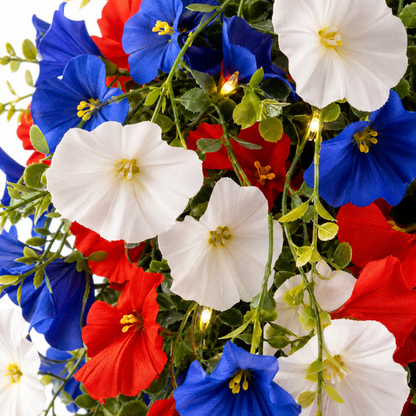 Patriotic Hanging Flower Basket Decor with Red White Blue Silk Blooms and LED Lights