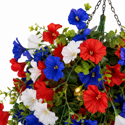Patriotic Hanging Flower Basket Decor with Red White Blue Silk Blooms and LED Lights