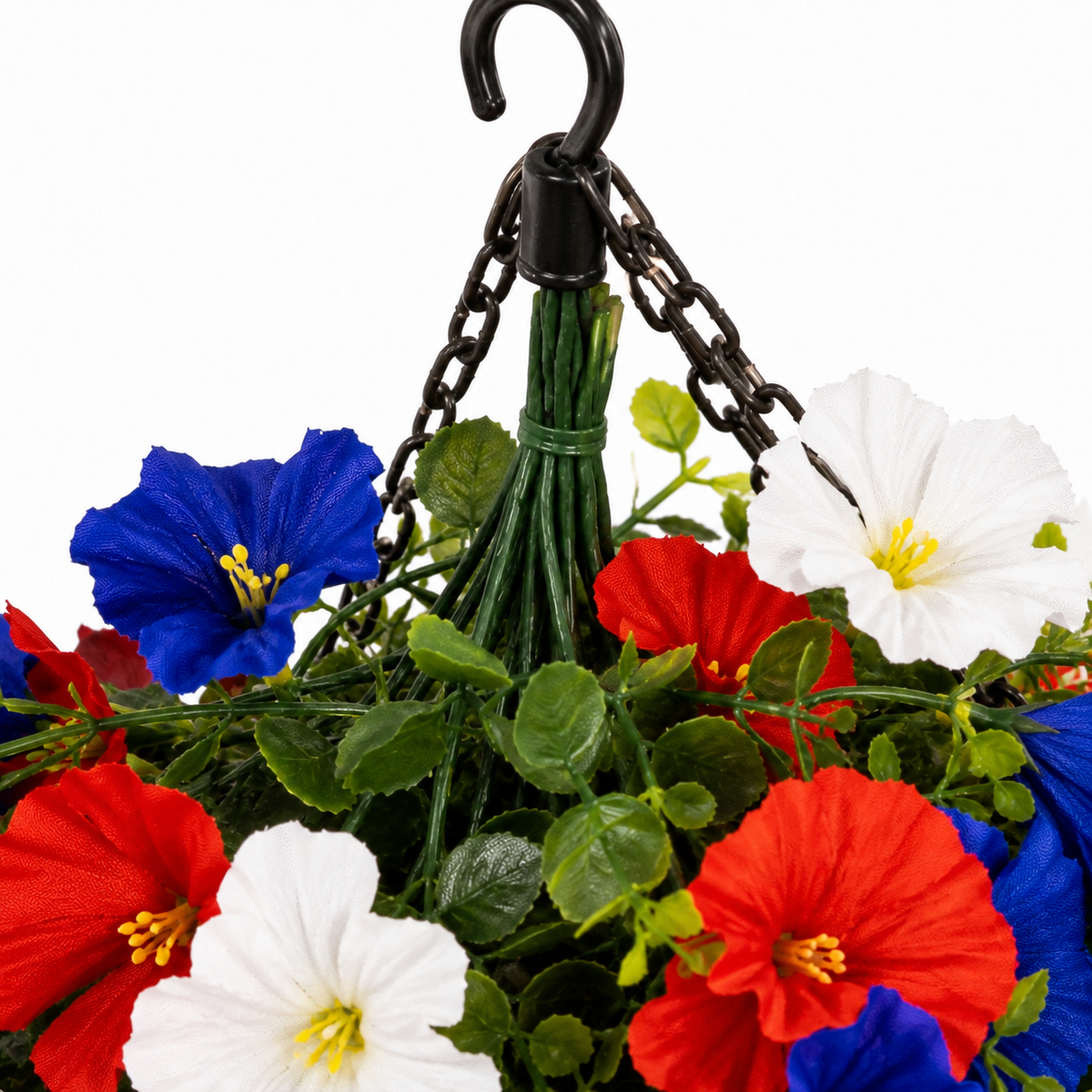 Patriotic Hanging Flower Basket Decor with Red White Blue Silk Blooms and LED Lights