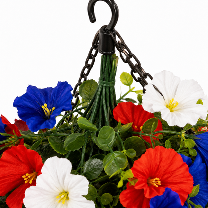 Patriotic Hanging Flower Basket Decor with Red White Blue Silk Blooms and LED Lights