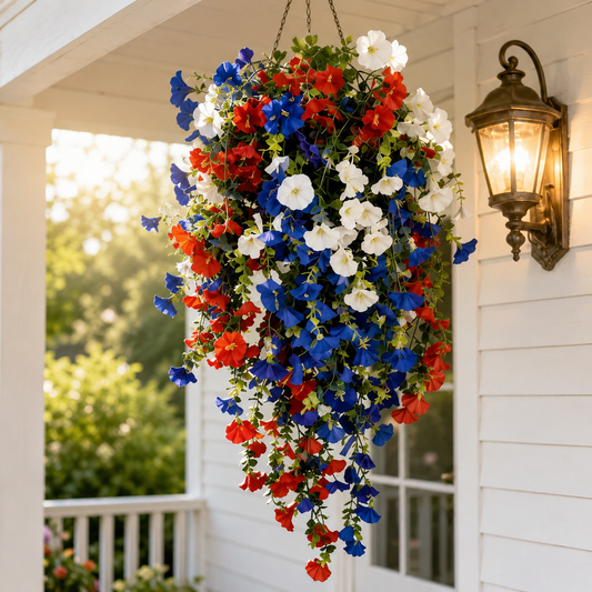 Patriotic Hanging Flower Basket Decor with Red White Blue Silk Blooms and LED Lights