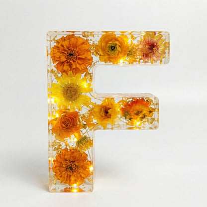 Personalised Floral Resin Letter Light with Real Dried Flowers and Warm LED