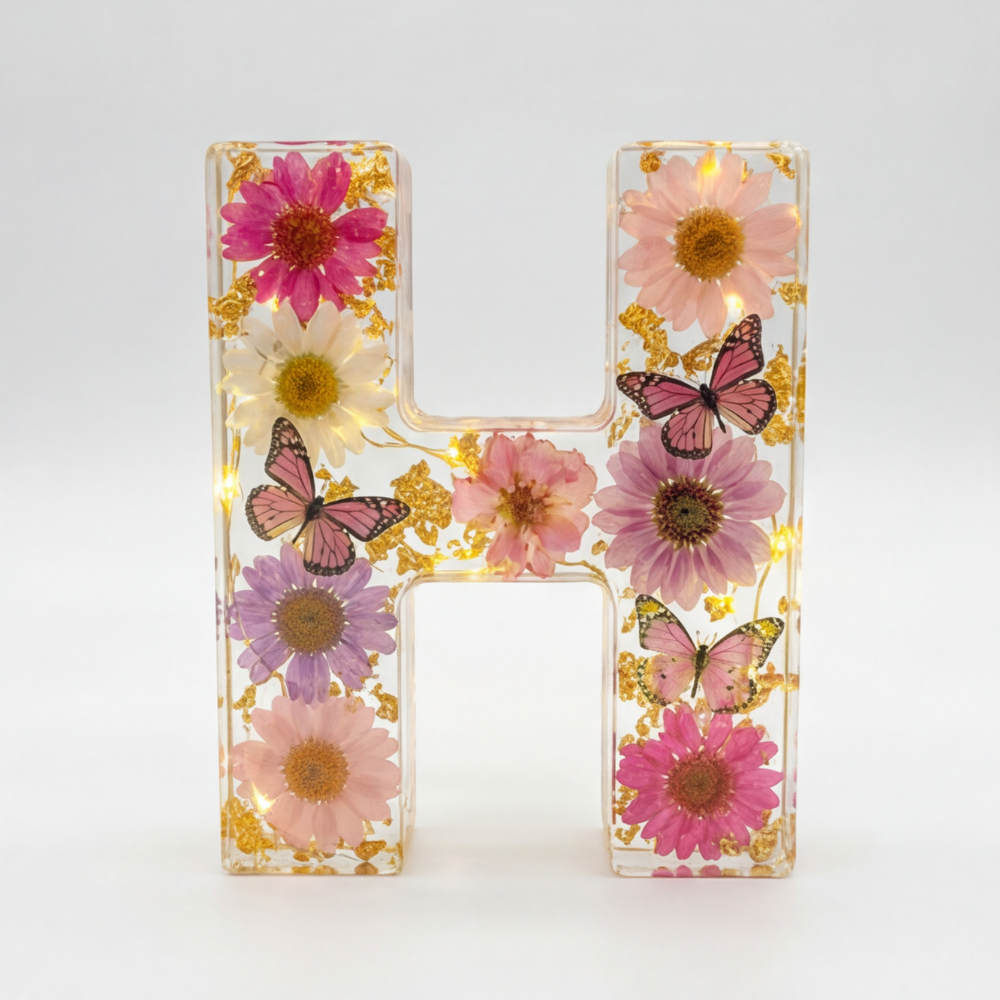 Personalised Floral Resin Letter Light with Real Dried Flowers and Warm LED