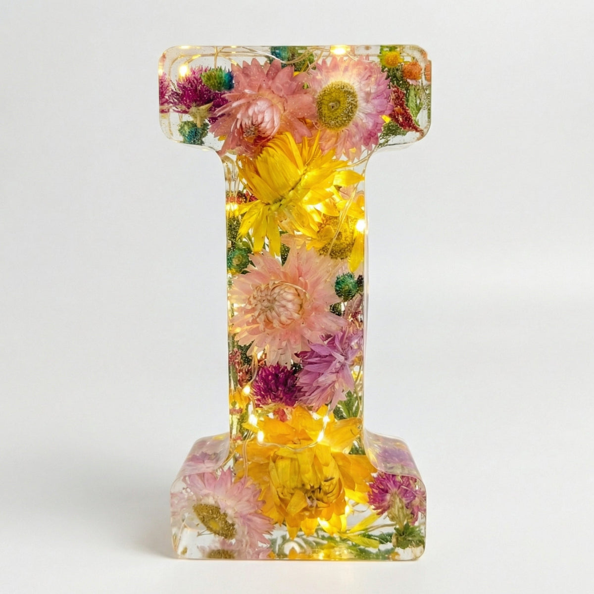 Personalised Floral Resin Letter Light with Real Dried Flowers and Warm LED