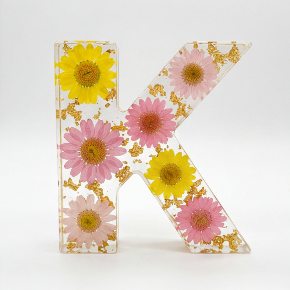 Personalised Floral Resin Letter Light with Real Dried Flowers and Warm LED