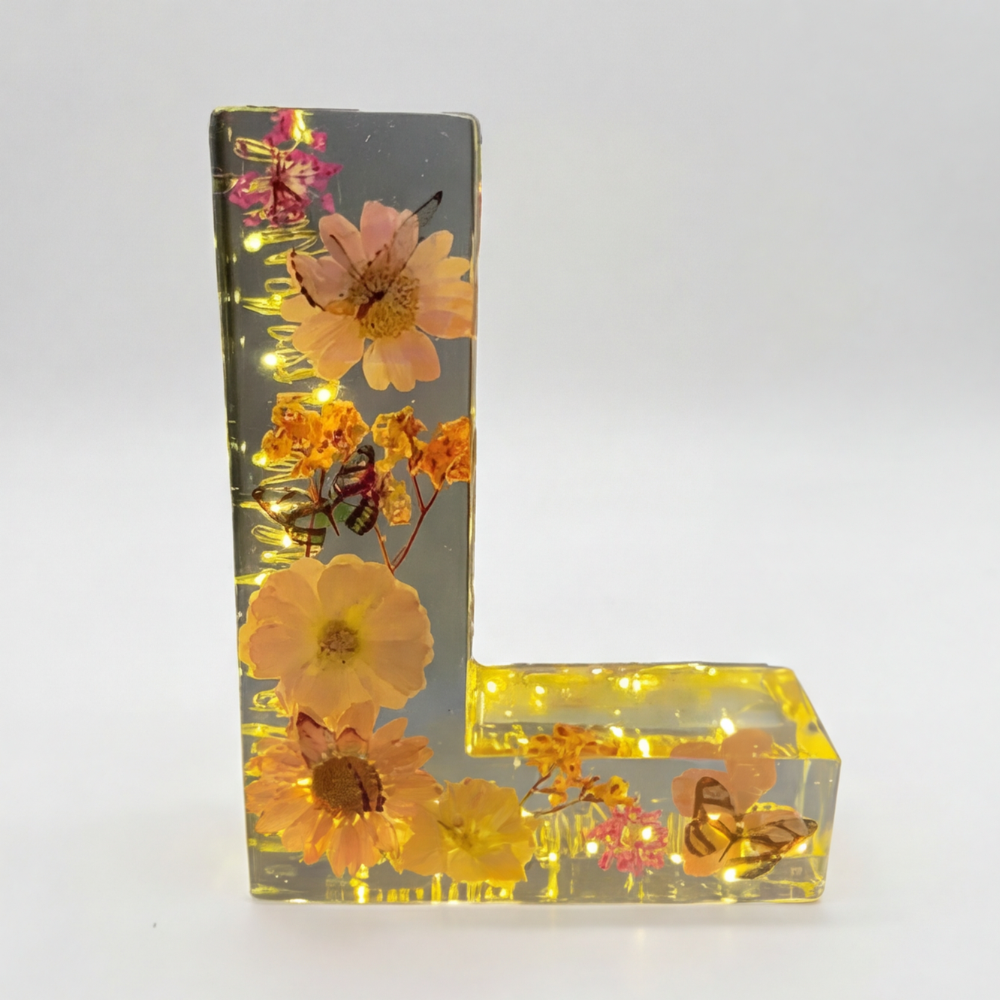 Personalised Floral Resin Letter Light with Real Dried Flowers and Warm LED