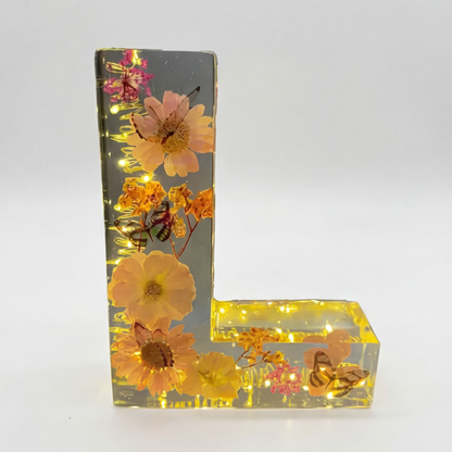 Personalised Floral Resin Letter Light with Real Dried Flowers and Warm LED