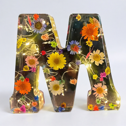 Personalised Floral Resin Letter Light with Real Dried Flowers and Warm LED