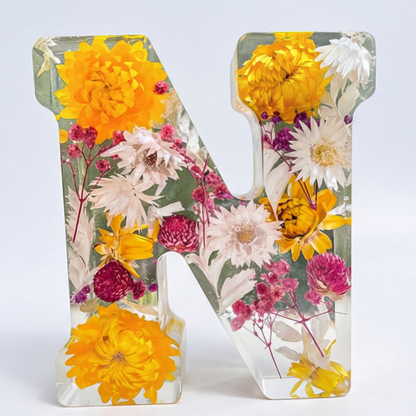 Personalised Floral Resin Letter Light with Real Dried Flowers and Warm LED