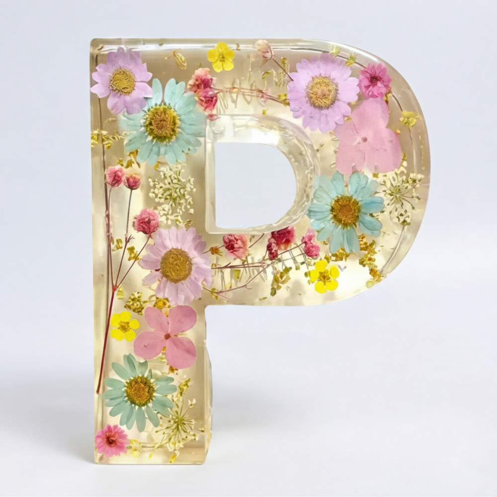 Personalised Floral Resin Letter Light with Real Dried Flowers and Warm LED