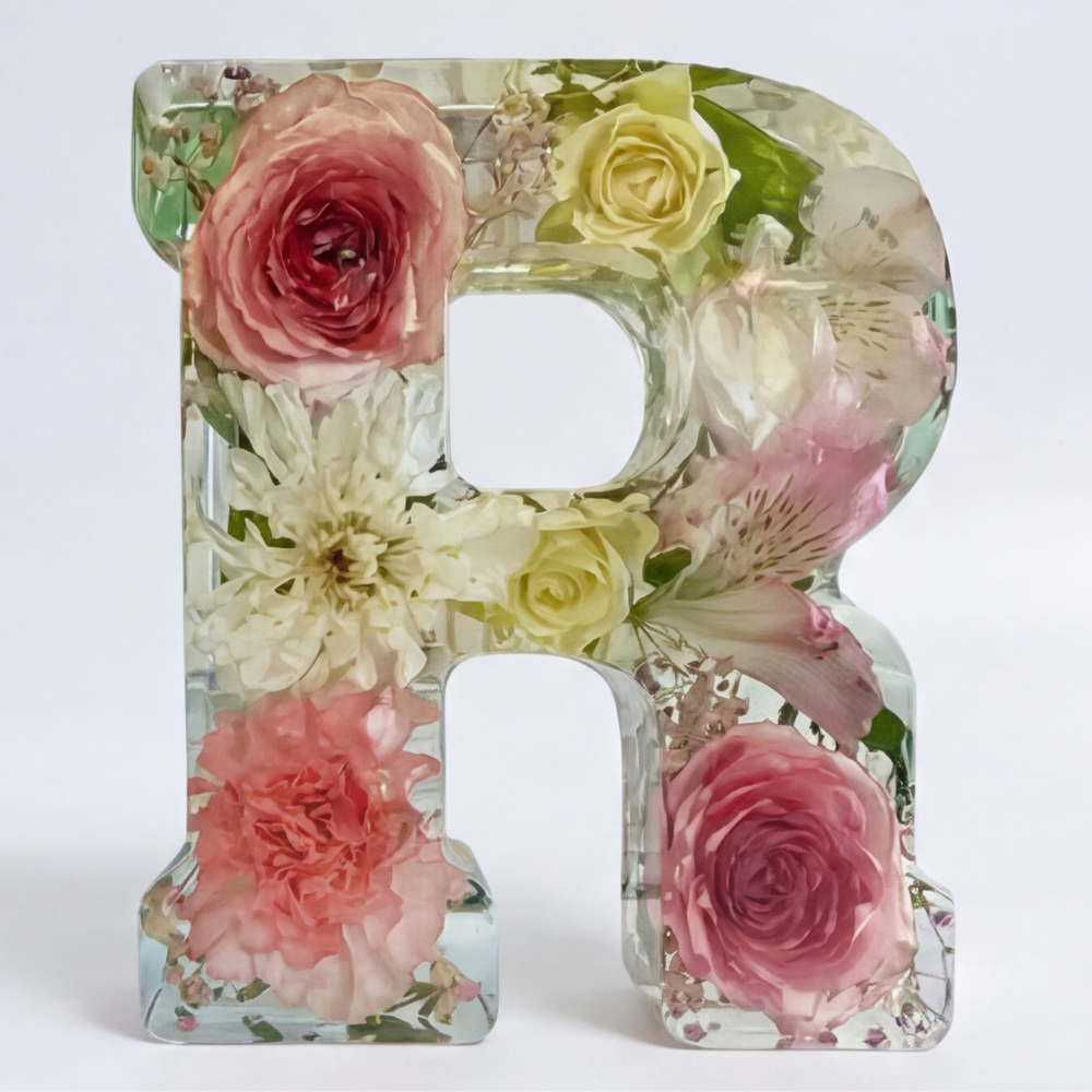 Personalised Floral Resin Letter Light with Real Dried Flowers and Warm LED
