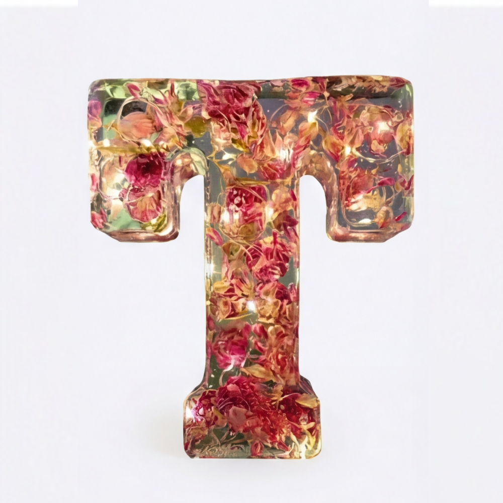 Personalised Floral Resin Letter Light with Real Dried Flowers and Warm LED