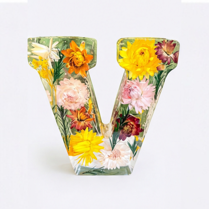 Personalised Floral Resin Letter Light with Real Dried Flowers and Warm LED