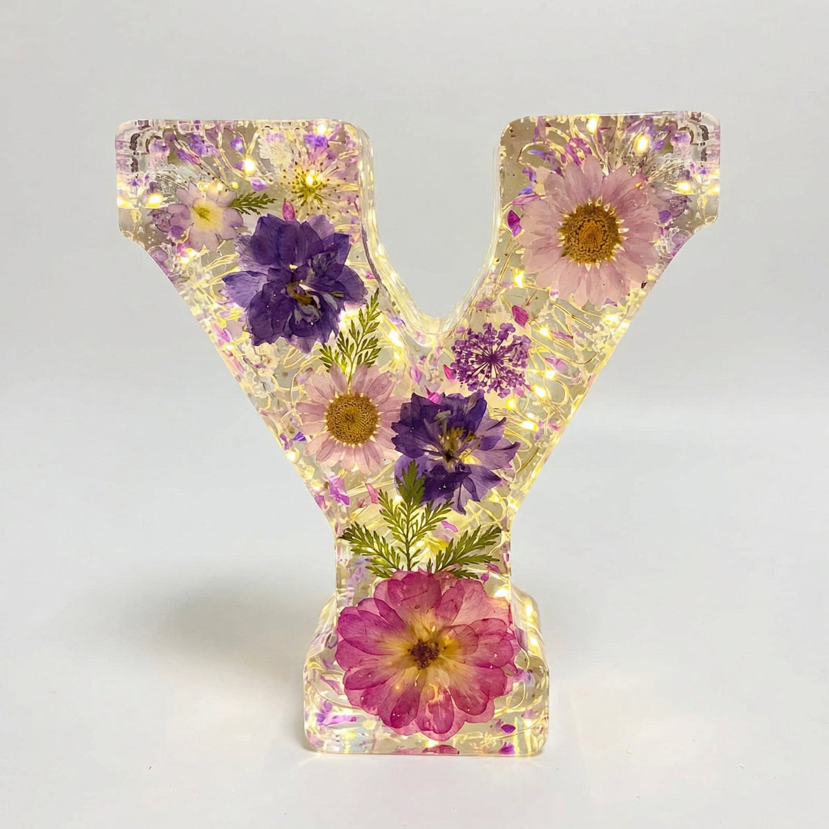 Personalised Floral Resin Letter Light with Real Dried Flowers and Warm LED