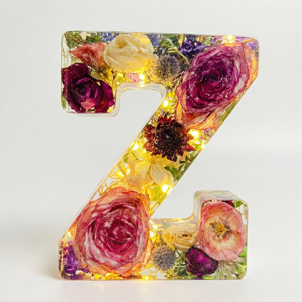 Personalised Floral Resin Letter Light with Real Dried Flowers and Warm LED