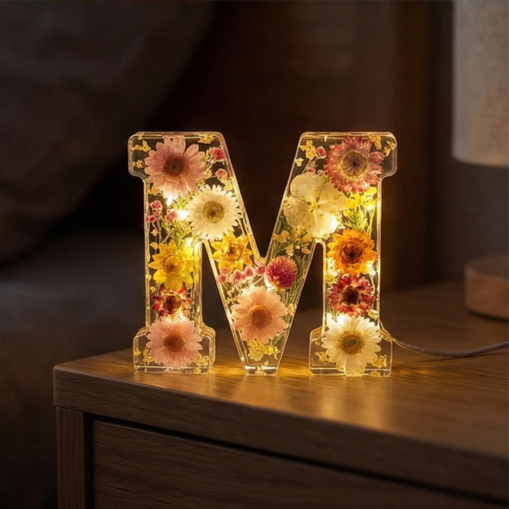 Personalised Floral Resin Letter Light with Real Dried Flowers and Warm LED