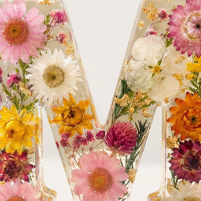 Personalised Floral Resin Letter Light with Real Dried Flowers and Warm LED