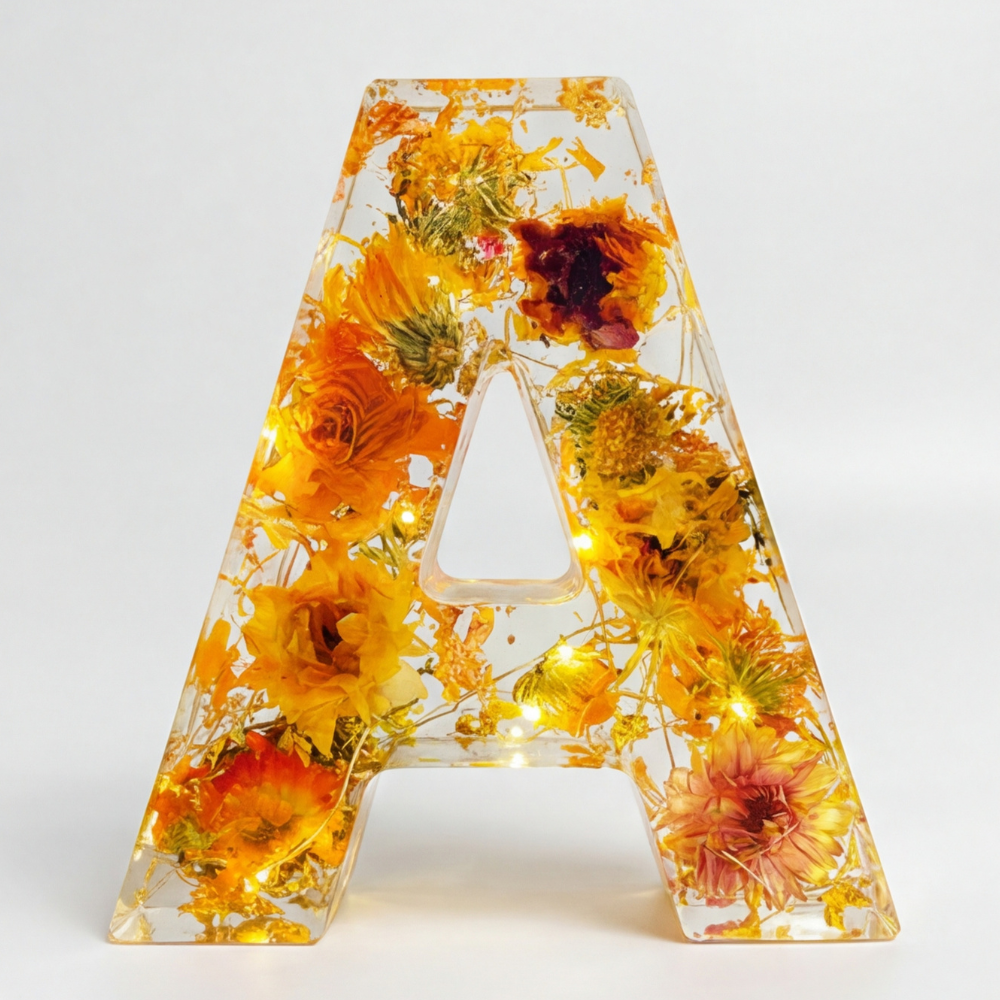 Personalised Floral Resin Letter Light with Real Dried Flowers and Warm LED