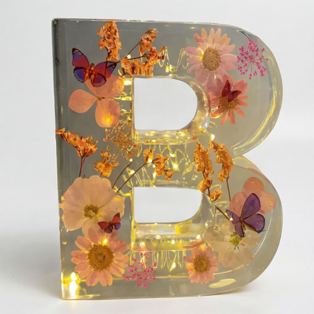 Personalised Floral Resin Letter Light with Real Dried Flowers and Warm LED