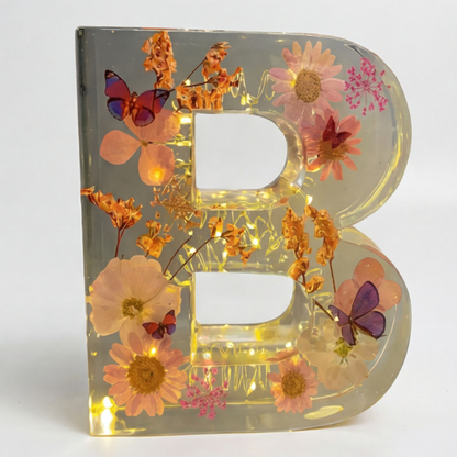 Personalised Floral Resin Letter Light with Real Dried Flowers and Warm LED