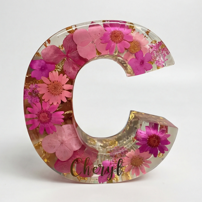 Personalised Floral Resin Letter Light with Real Dried Flowers and Warm LED