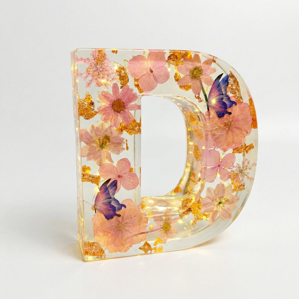 Personalised Floral Resin Letter Light with Real Dried Flowers and Warm LED