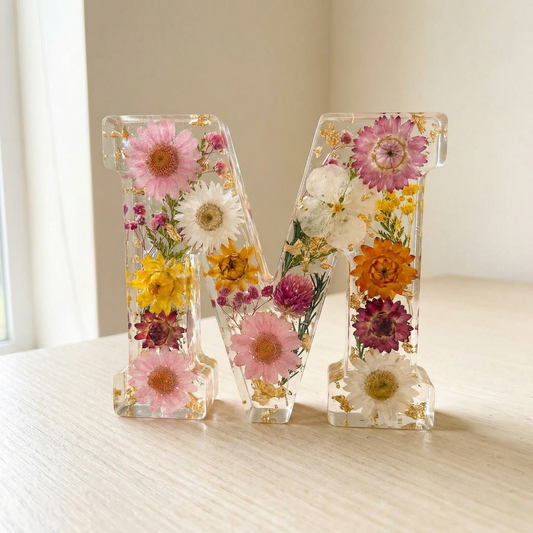 Personalised Floral Resin Letter Light with Real Dried Flowers and Warm LED