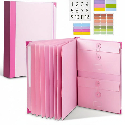 Classeur rose pour documents avec pochettes étiquetées, kit de rangement pour dossiers à la maison