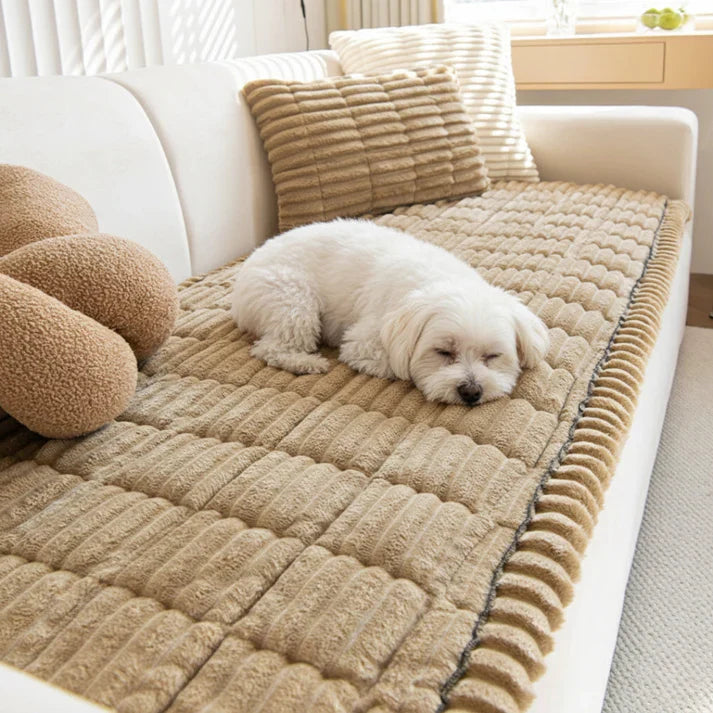 Plush Non-Slip Pet Couch Protector with Ribbed Quilted Surface