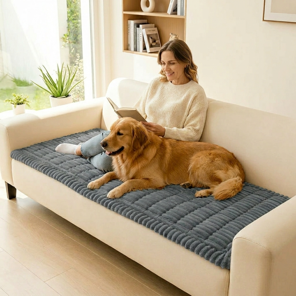 Plush Non-Slip Pet Couch Protector with Ribbed Quilted Surface