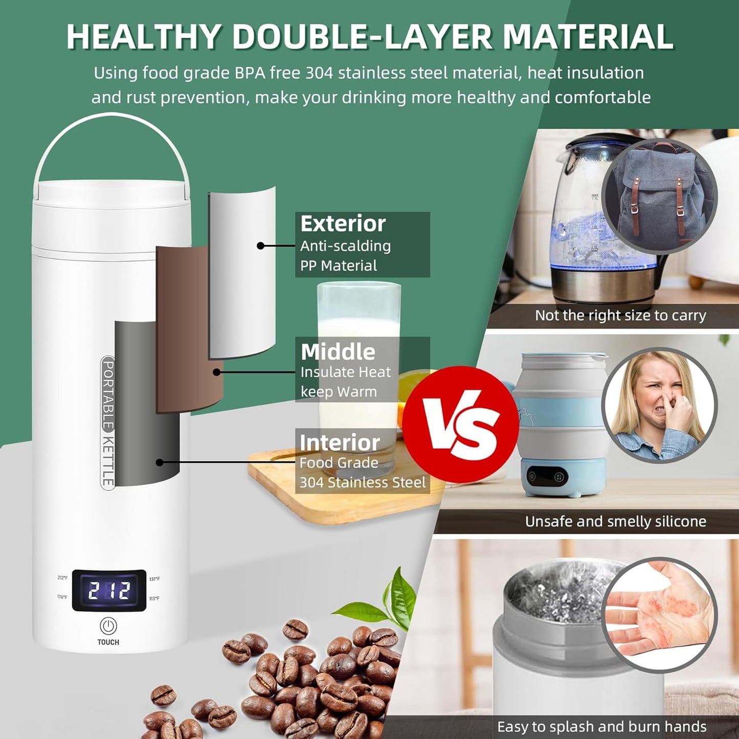 Portable Electric Travel Kettle Compact Stainless Steel Smart Kettle with LCD Display
