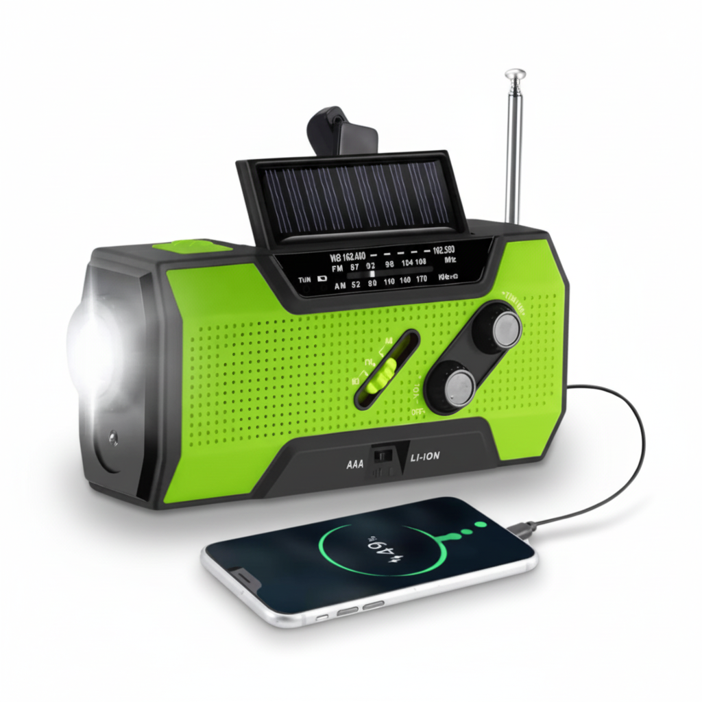Tragbares Notfall-Wetterradio mit Solarladefunktion, Handkurbel-Ladegerät und Taschenlampe