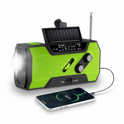 Tragbares Notfall-Wetterradio mit Solarladefunktion, Handkurbel-Ladegerät und Taschenlampe