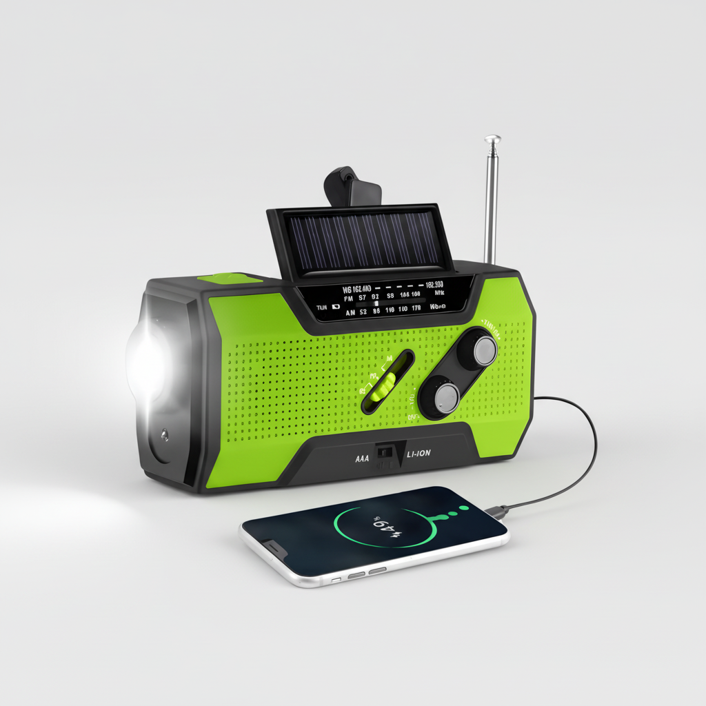 Tragbares Notfall-Wetterradio mit Solarladefunktion, Handkurbel-Ladegerät und Taschenlampe