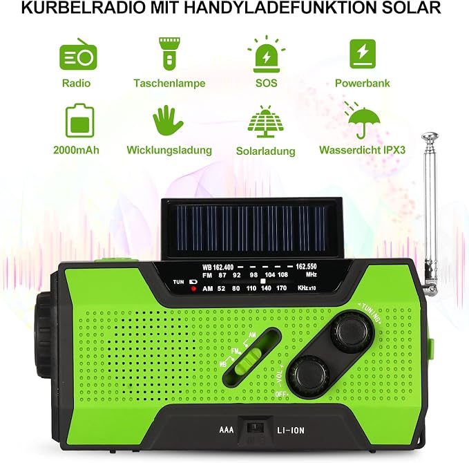 Tragbares Notfall-Wetterradio mit Solarladefunktion, Handkurbel-Ladegerät und Taschenlampe