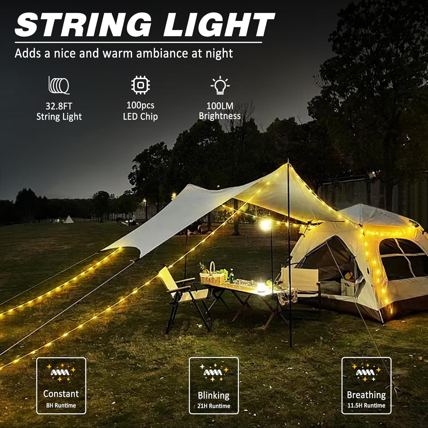 Portable LED Camping String Light USB Rechargeable Waterproof 10m Fairy Lights
