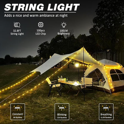 Portable LED Camping String Light USB Rechargeable Waterproof 10m Fairy Lights