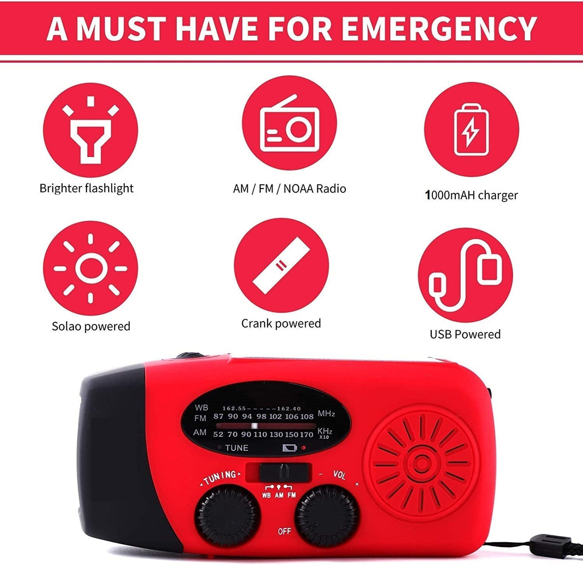 Portable Solar Hand Crank Emergency Radio with Weather Alerts