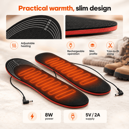 Oplaadbare verwarmde inlegzolen met instelbare warmte, op maat te knippen