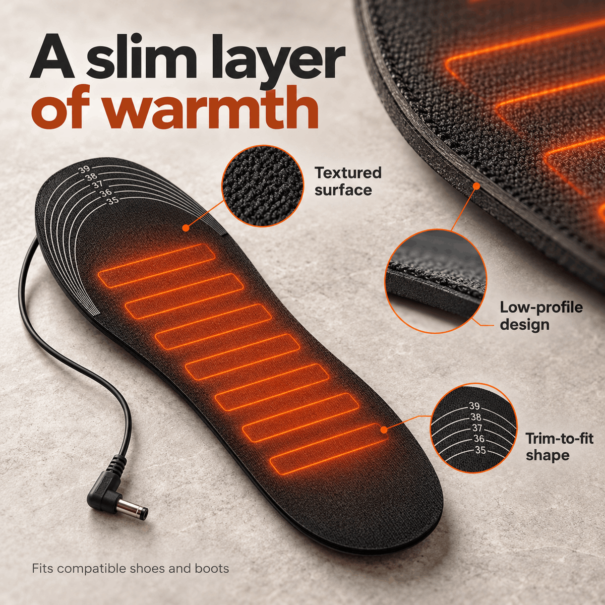 Oplaadbare verwarmde inlegzolen met instelbare warmte, op maat te knippen