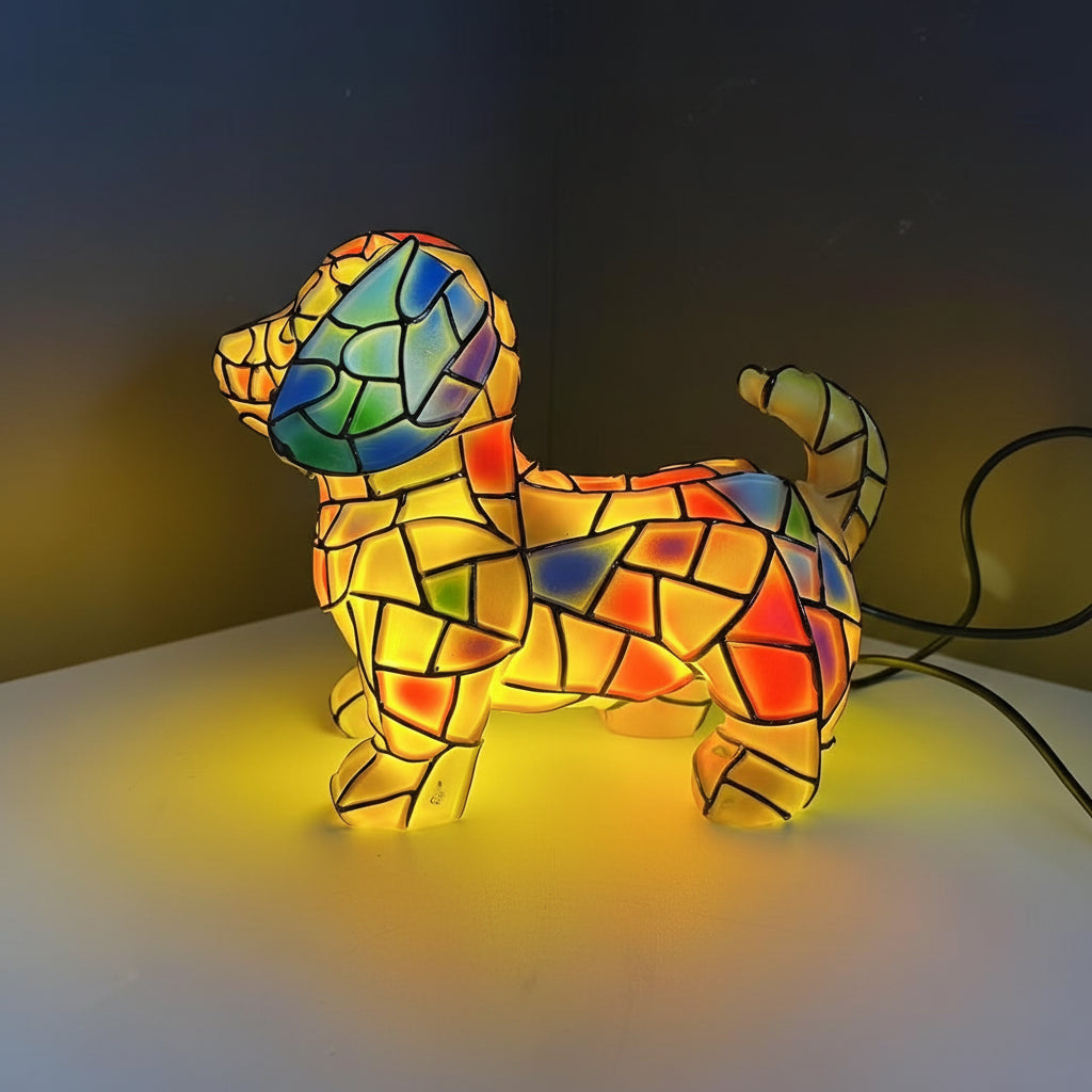 Lámpara de mesa con figura de perro de resina, luz cálida decorativa