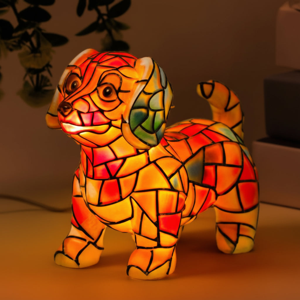 Lámpara de mesa con figura de perro de resina, luz cálida decorativa